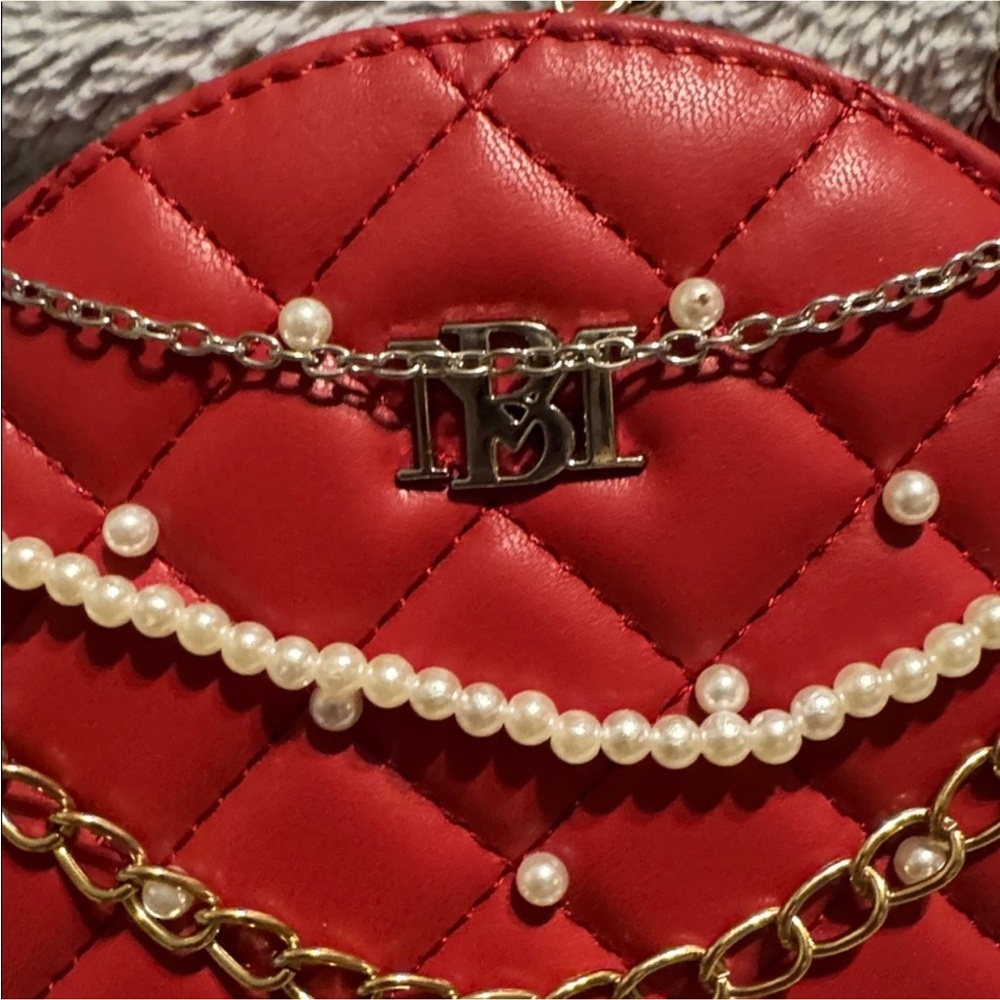 Red Quilted Women's Bag with Chain and Pearl Accents